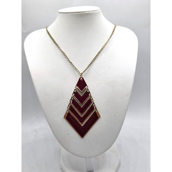 Gold-Tone Chevron Pendant Necklace With Red Enamel Accents On Chain For Women - Picture 3 of 3